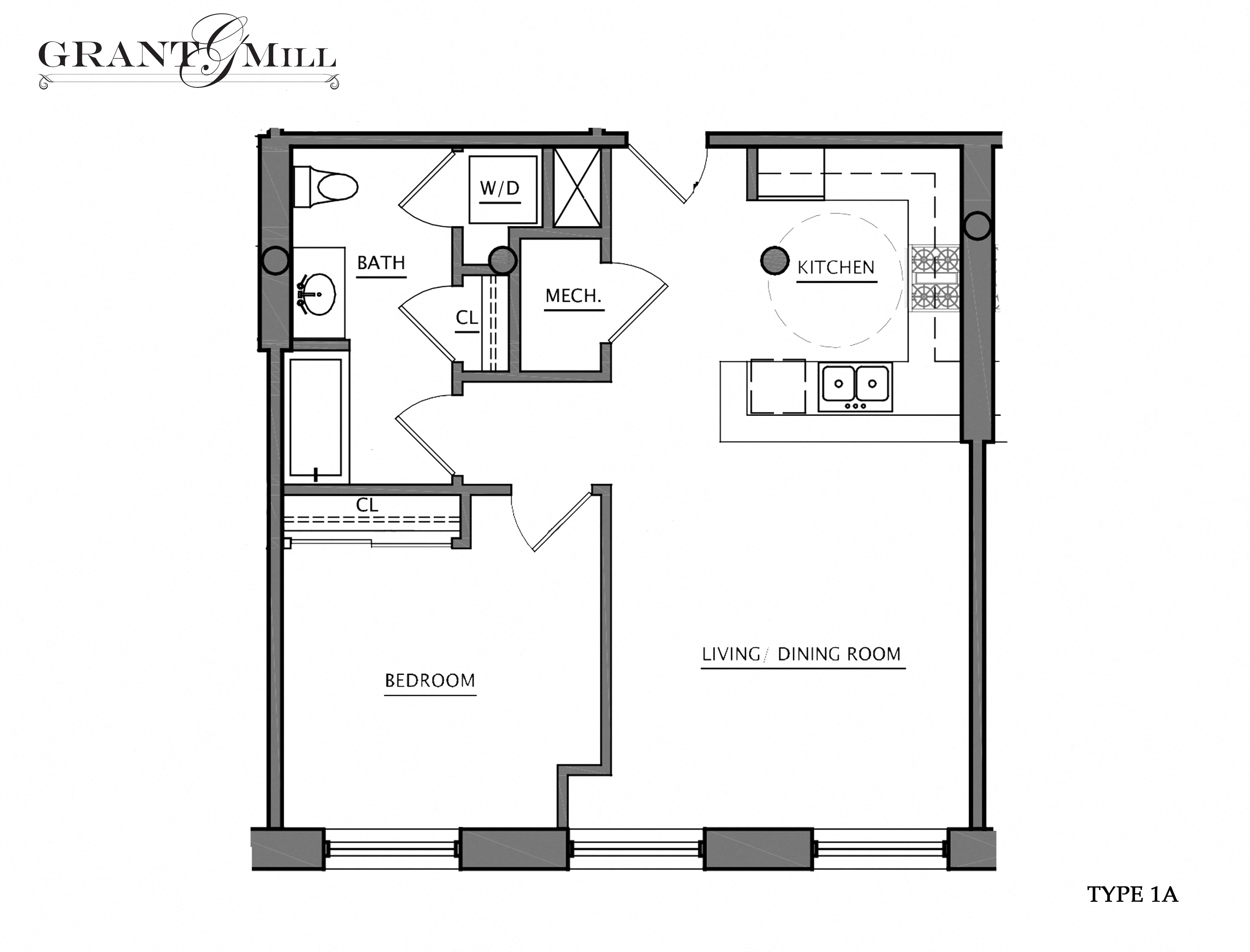 Floor plan for 1 bed, 1 bath, 705 sqft